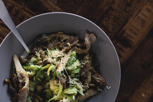 Zucchini Noodles with Blue Oyster Mushrooms & Garlic Thyme Butter Sauce