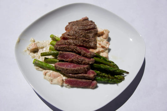 Pink Oyster Peppercorn Sauce with Steak and Asparagus